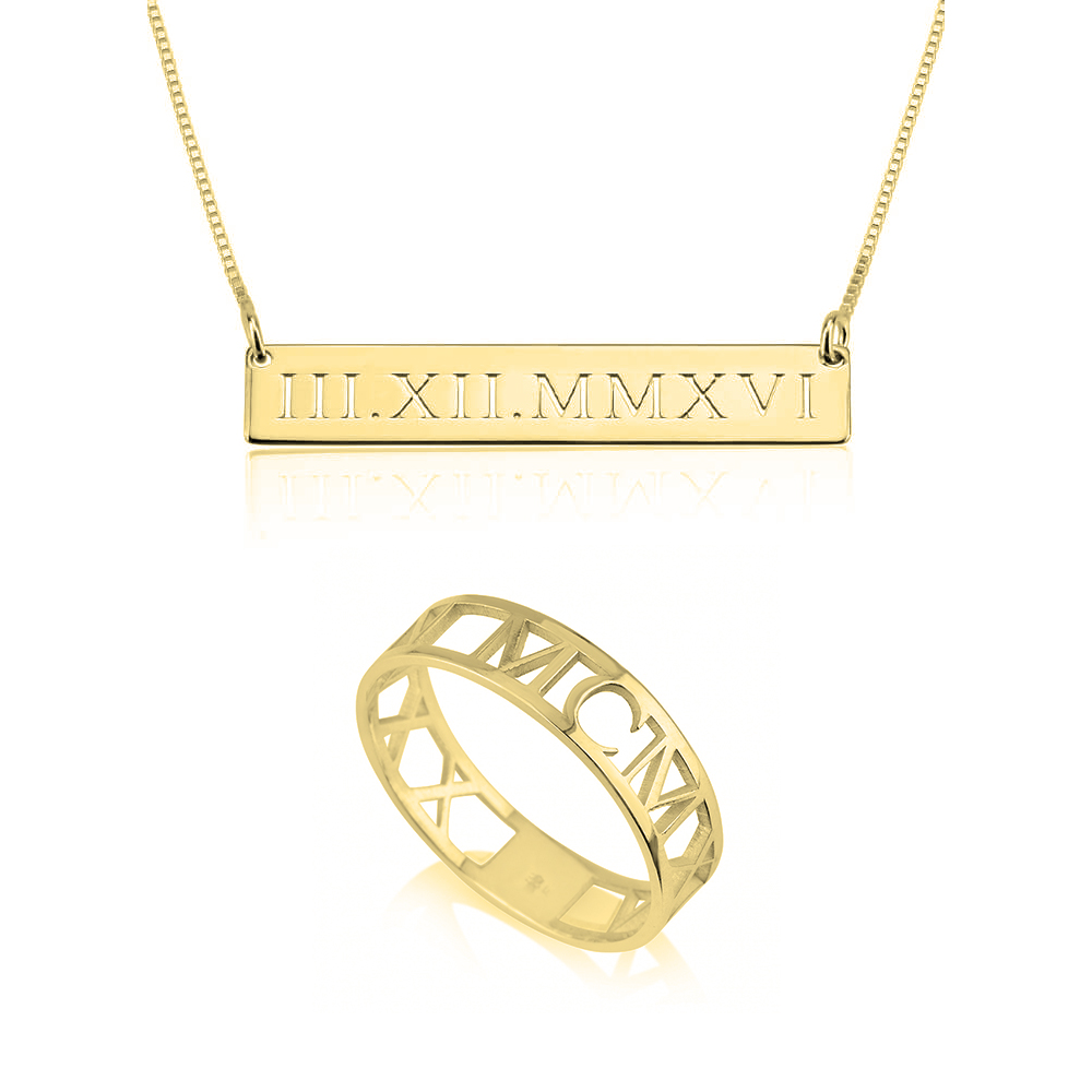 Roman Numeral Ring & Bar Necklace Set