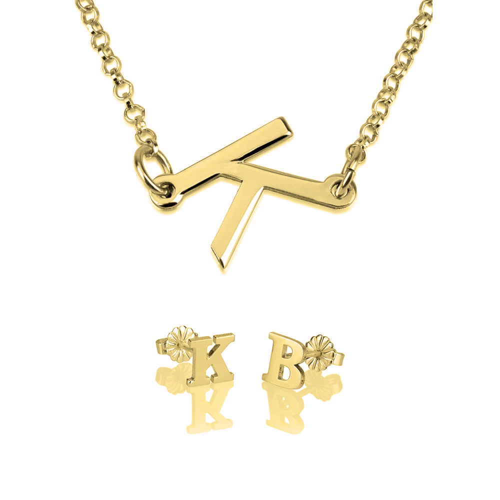 Initial Earring & Sideways Initial Necklace Set