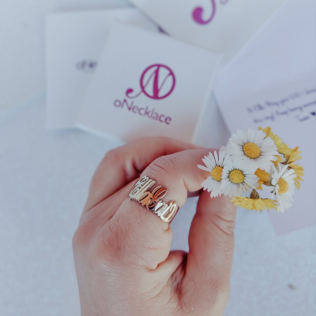 Cursive Name Ring on a model - 2