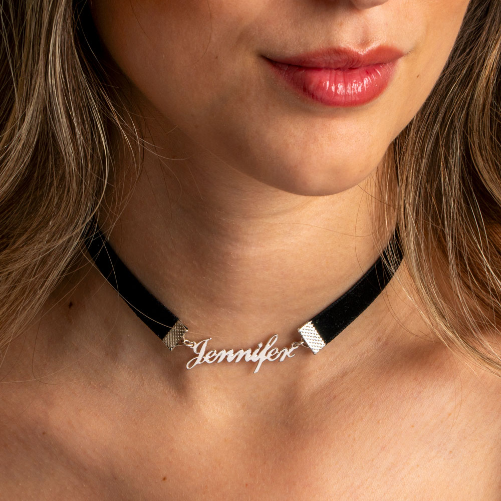 Split Choker with Name Necklace on a model