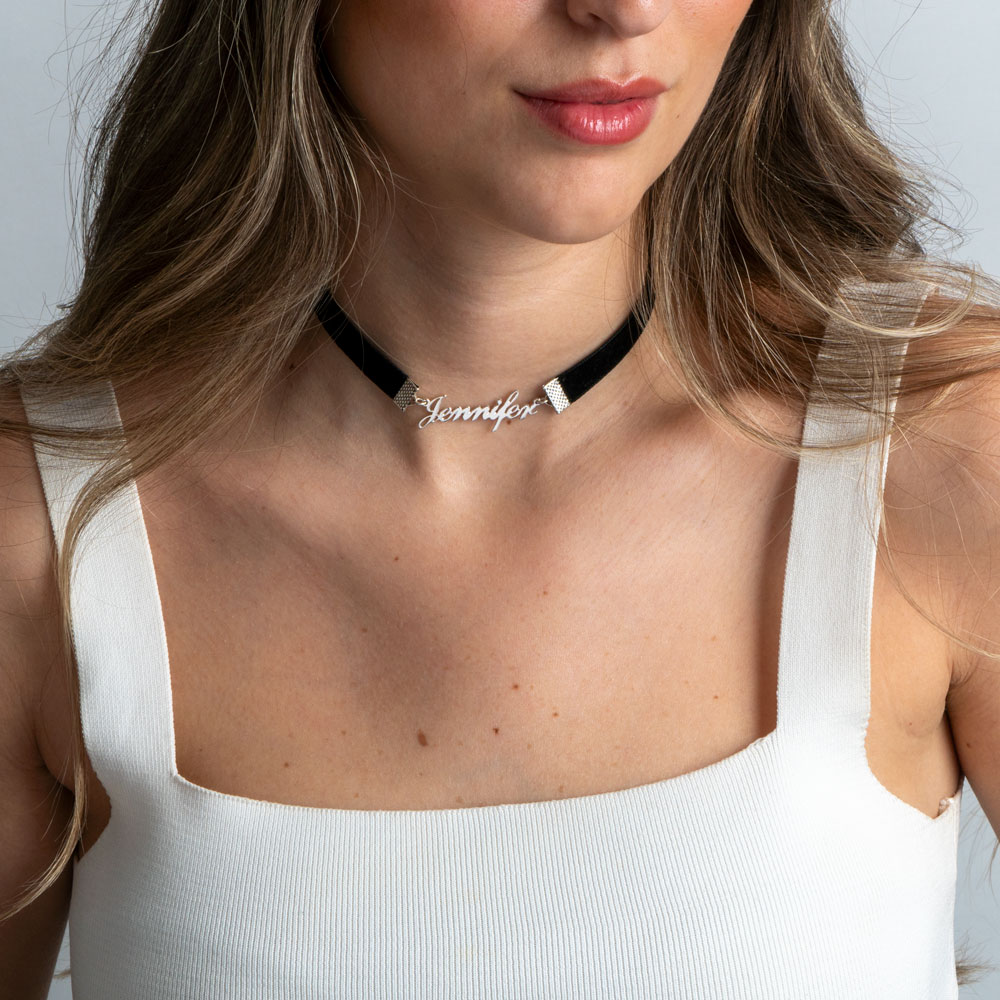 Split Choker with Name Necklace on a model - 2