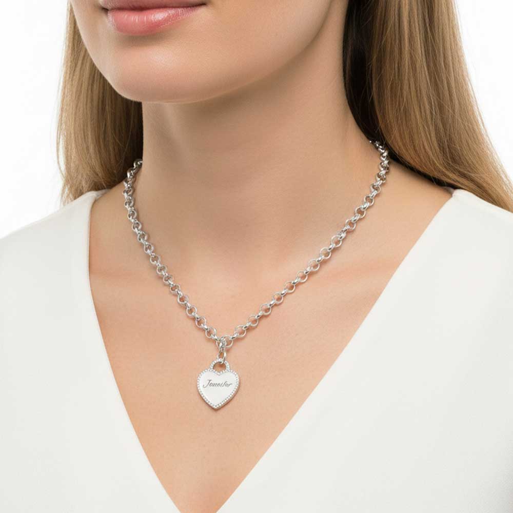 Engraved Heart Necklace with Cubic Zirconia on a model