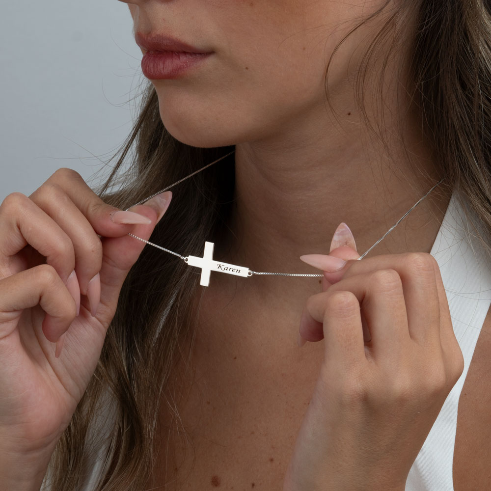 Sideways Personalised Cross Name Necklace