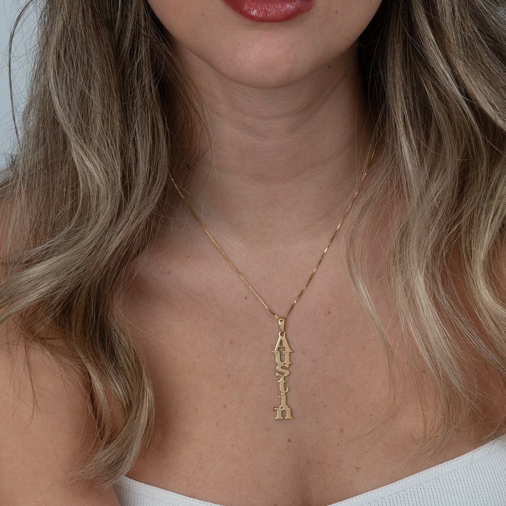 Vertical Name Necklace on a model