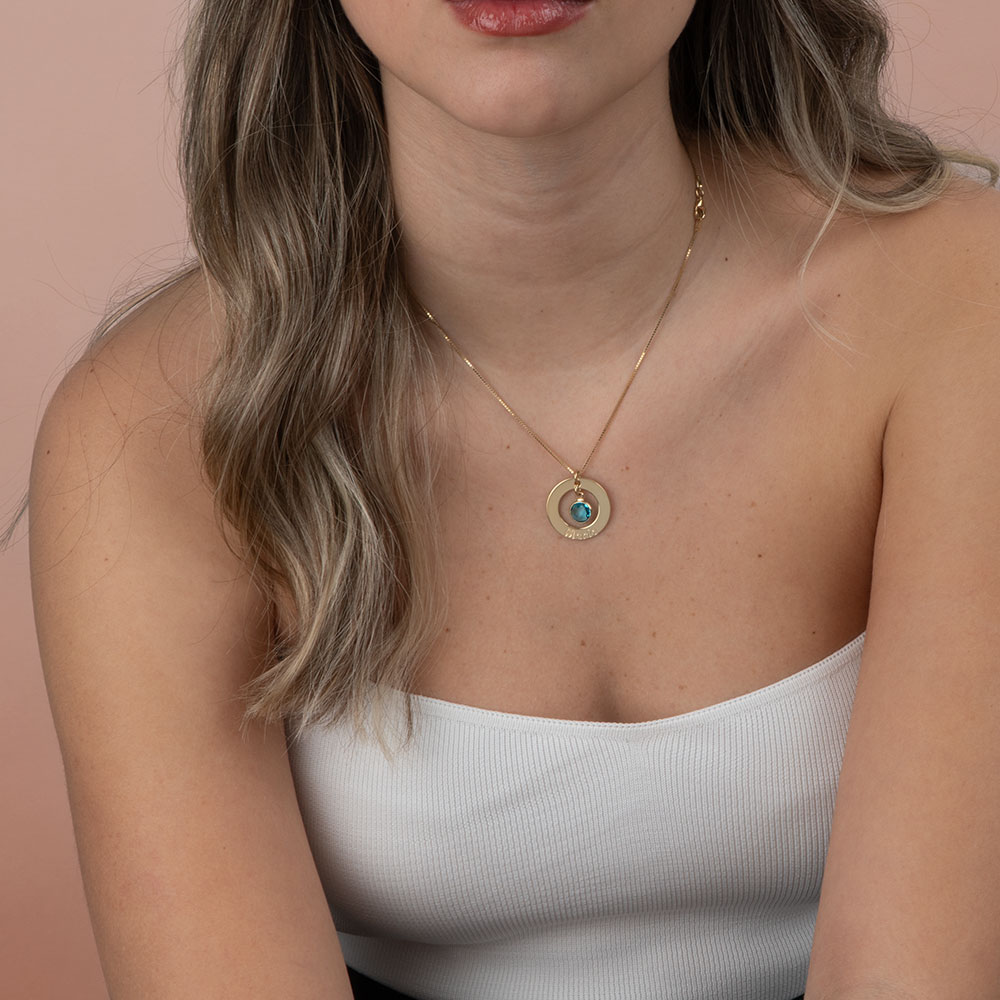 Circle Name Necklace with Birthstone on a model