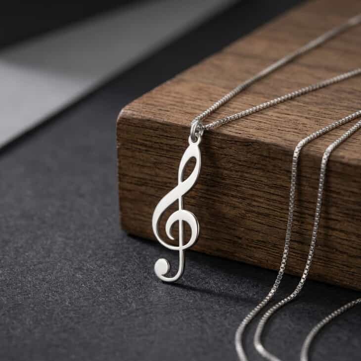 Treble clef necklace featured on wooden display with sleek chain