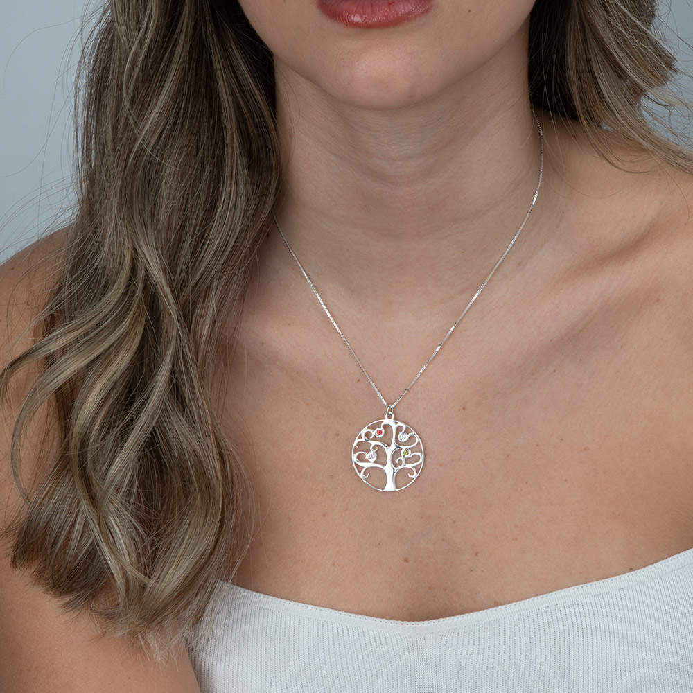 Family Tree Birthstone Necklace on a model