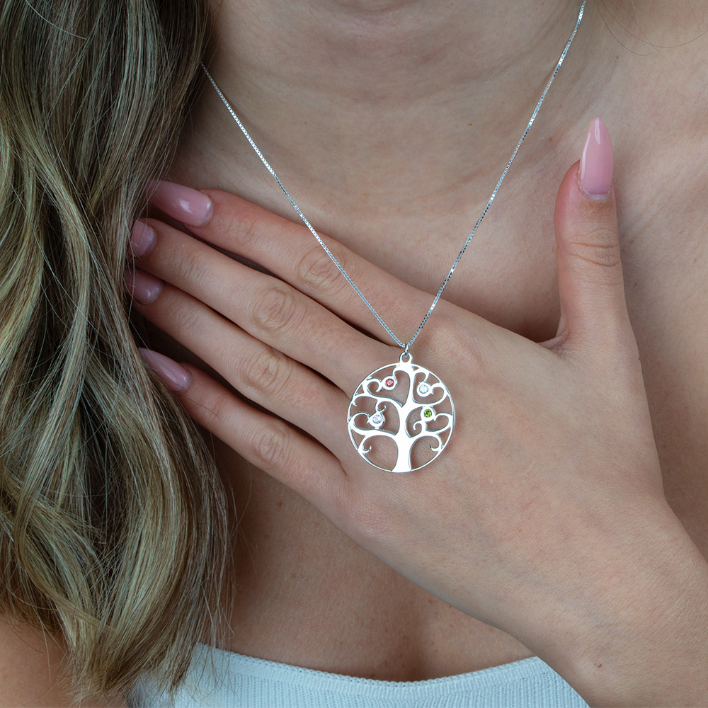 Family Tree Birthstone Necklace on a model - 2