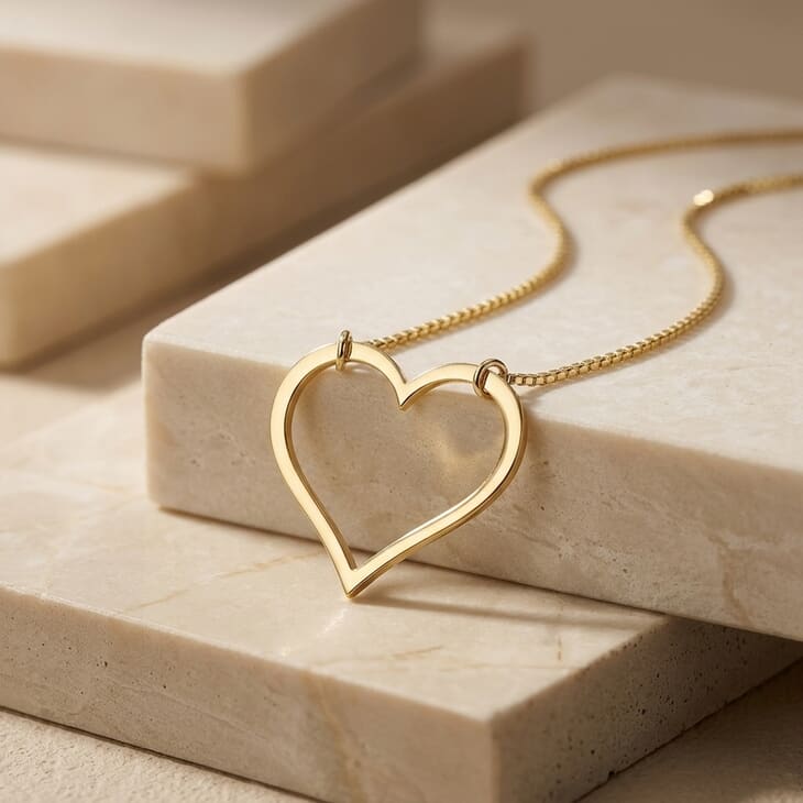 Sideways Heart Necklace showcased on natural stone display