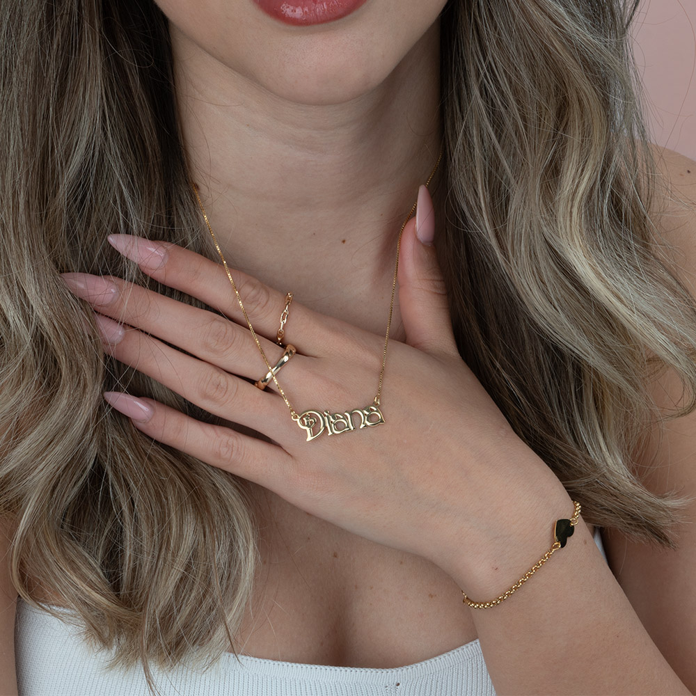 Steampunk Style Name Necklace on a model - 2