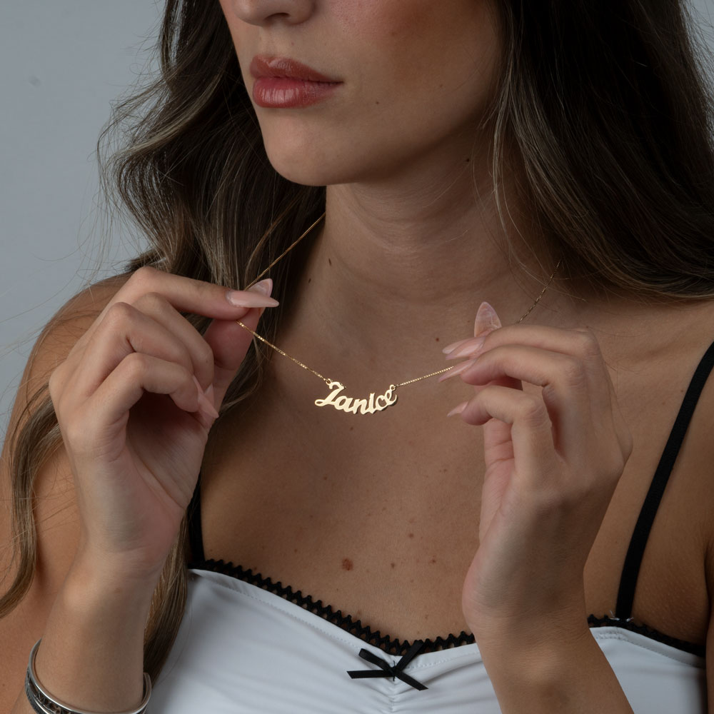 Curved Script Name Necklace on a model