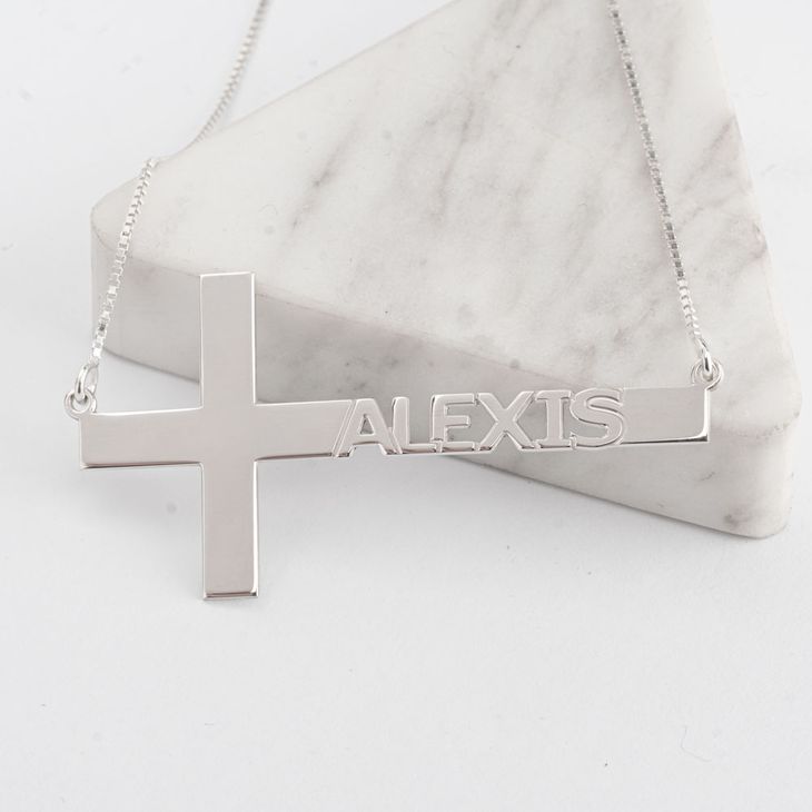 Cut Out Sideways Name Cross Necklace information