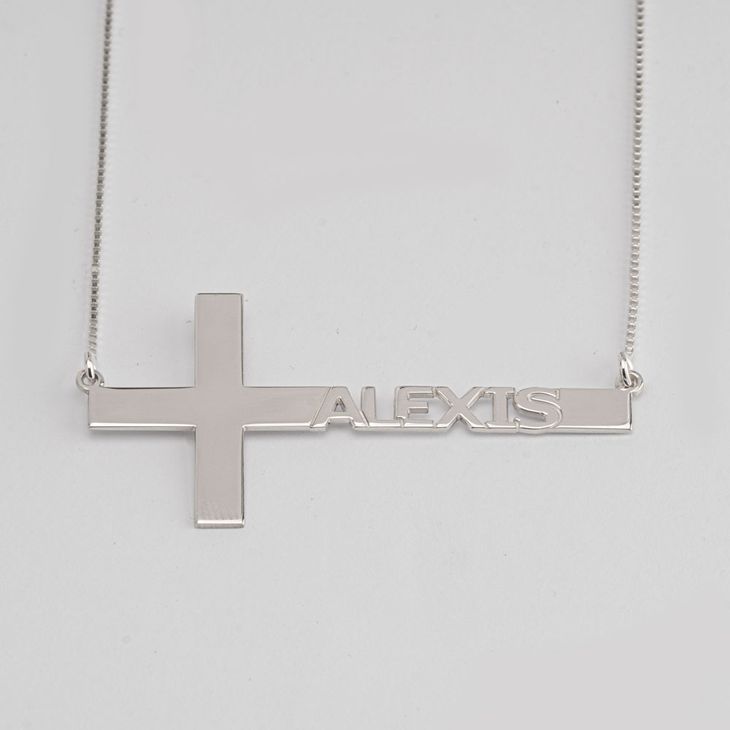 Cut Out Sideways Name Cross Necklace information