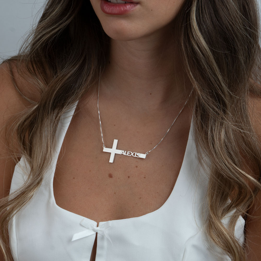 Cut Out Sideways Name Cross Necklace
