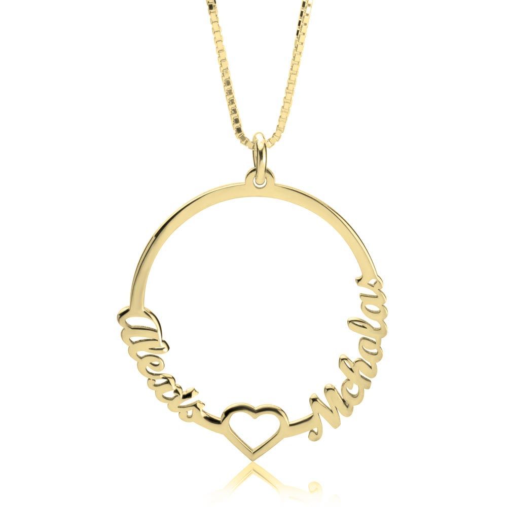 Two Names Circle And Heart Necklace