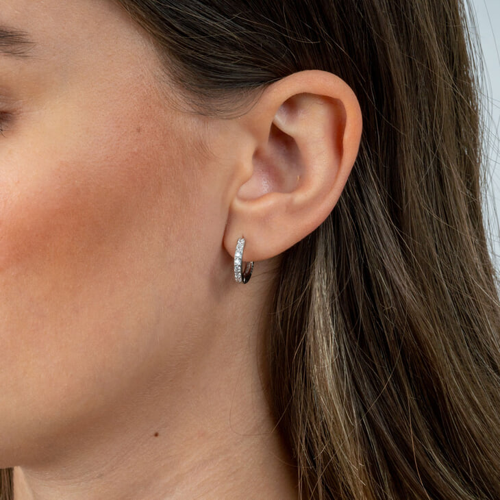 Model elegantly displaying Cubic Zirconia Hoop Earrings, featuring a delicate sparkle.