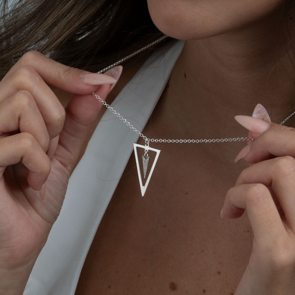 Double Triangle Necklace on a model - 2