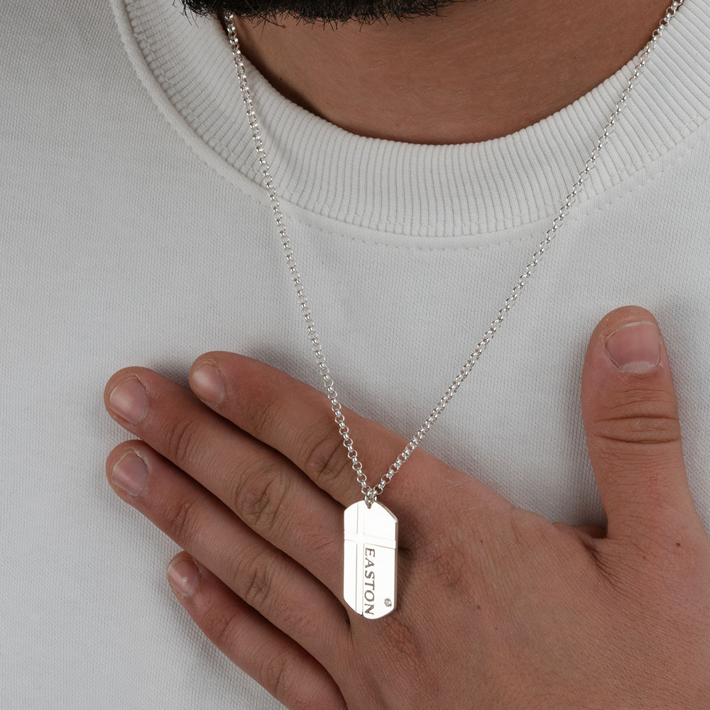 Mens Cross Dog Tag Necklace with Cubic Zirconia