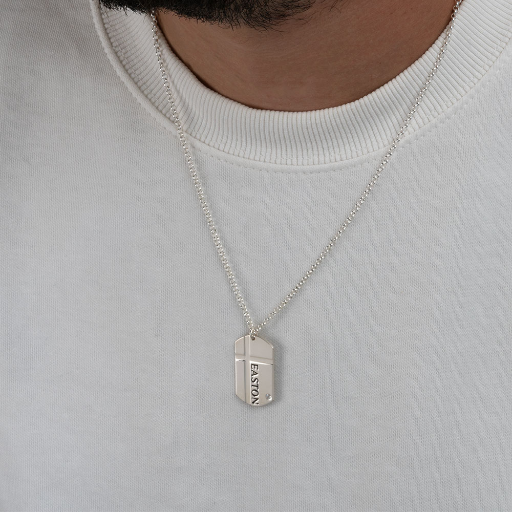 Mens Cross Dog Tag Necklace with Cubic Zirconia