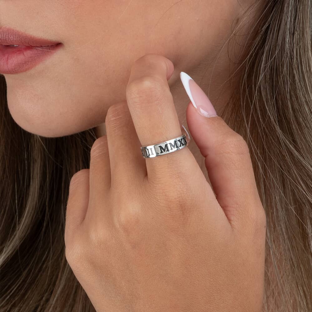 Personalised Roman Numeral Ring on a model - 2