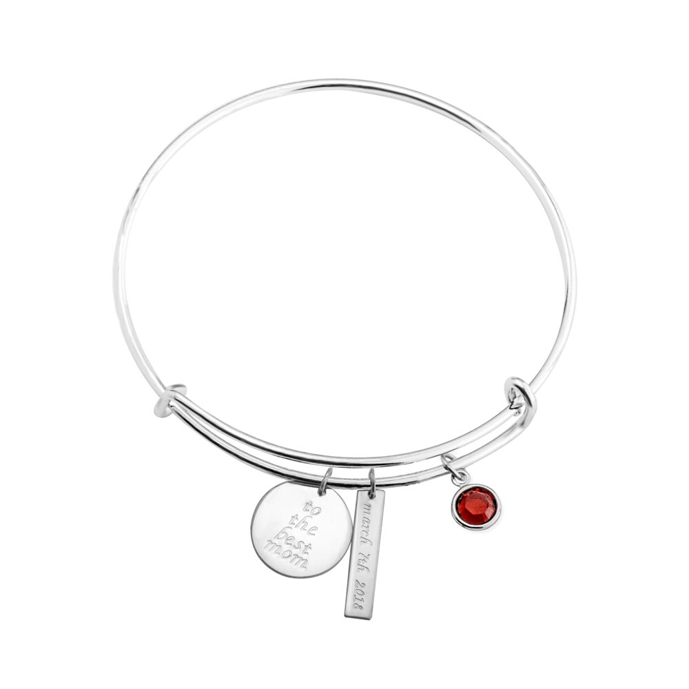 Charm Bangle With Engraved Circle, Rectangle And Birthstone