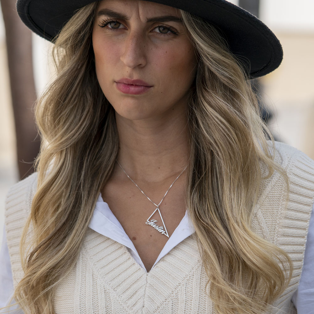 Triangle Name Necklace on a model