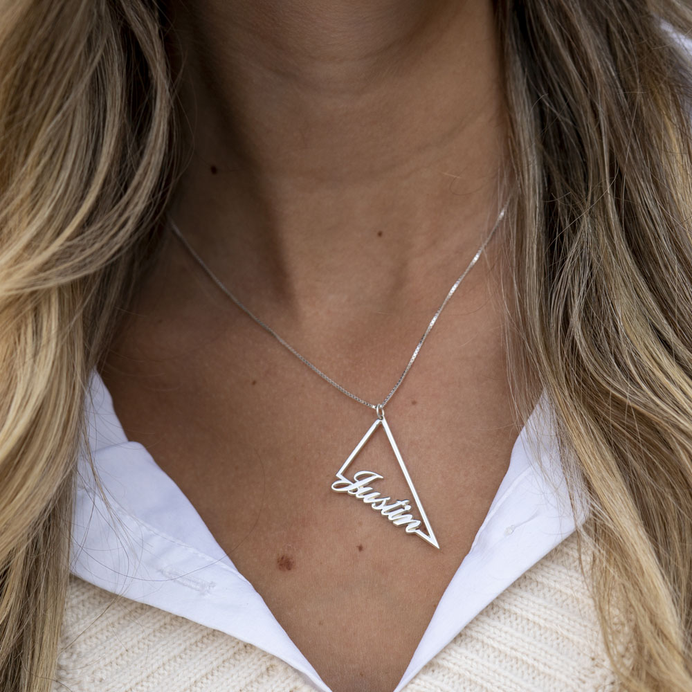 Triangle Name Necklace on a model - 2