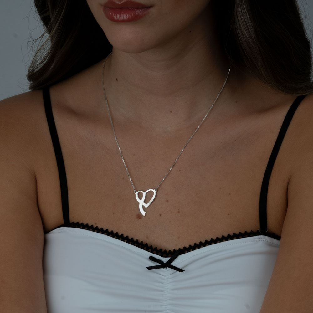 Personalised Heart and Ribbon Necklace on a model