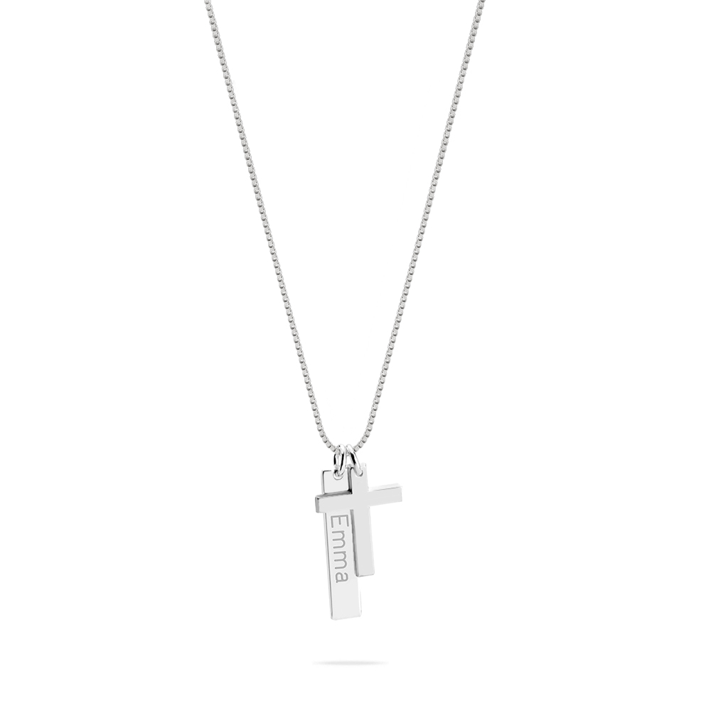 Engraved Bar Necklace with Cross