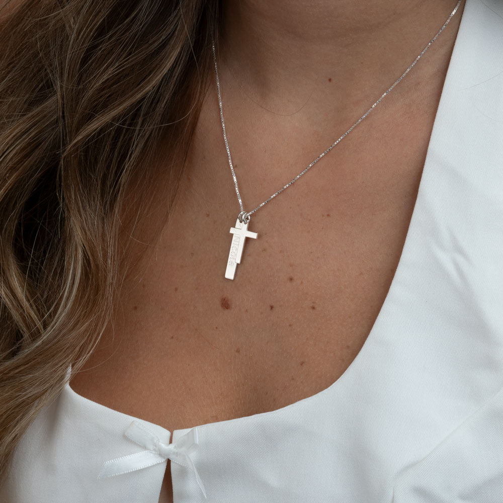 Engraved Bar Necklace with Cross