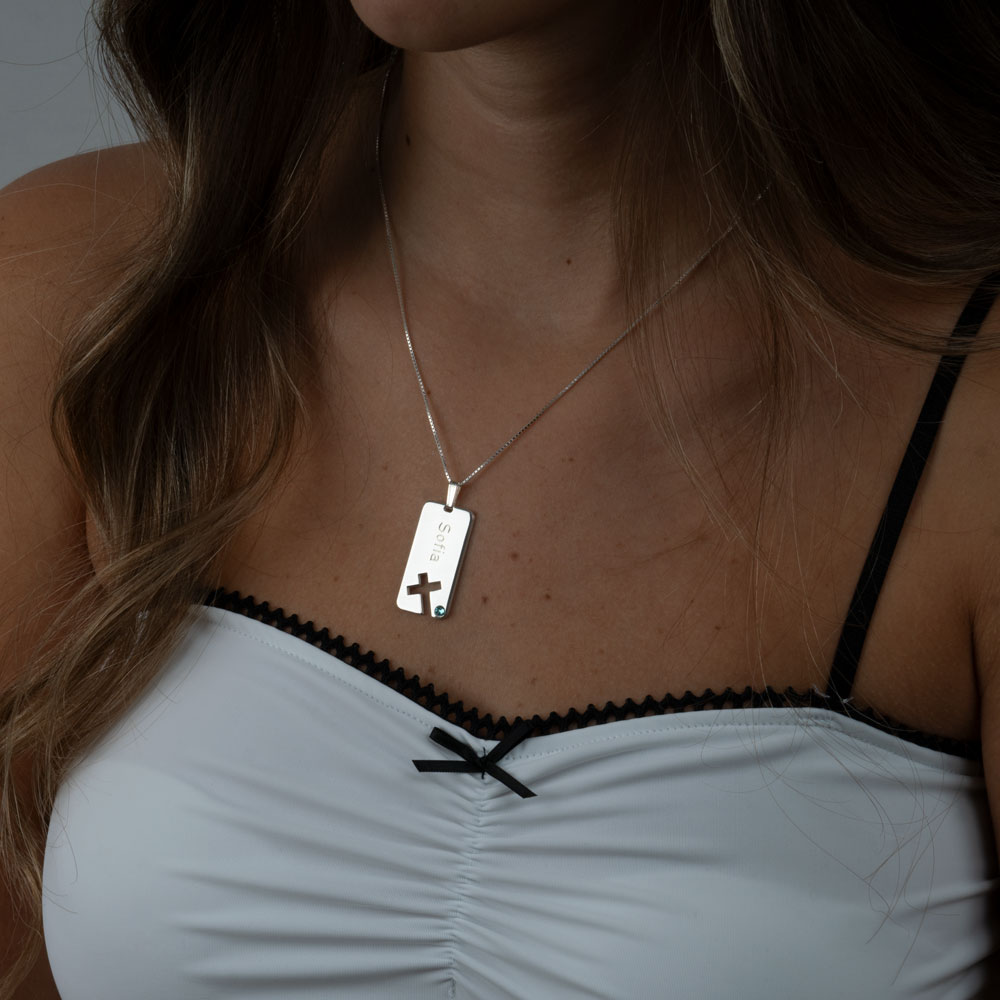 Personalised Birthstone Cross Bar Name Necklace
