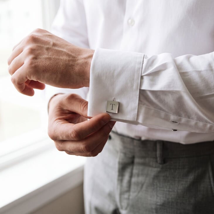 Personalized Square Engraved Cufflinks showcased on a crisp white shirt cuff