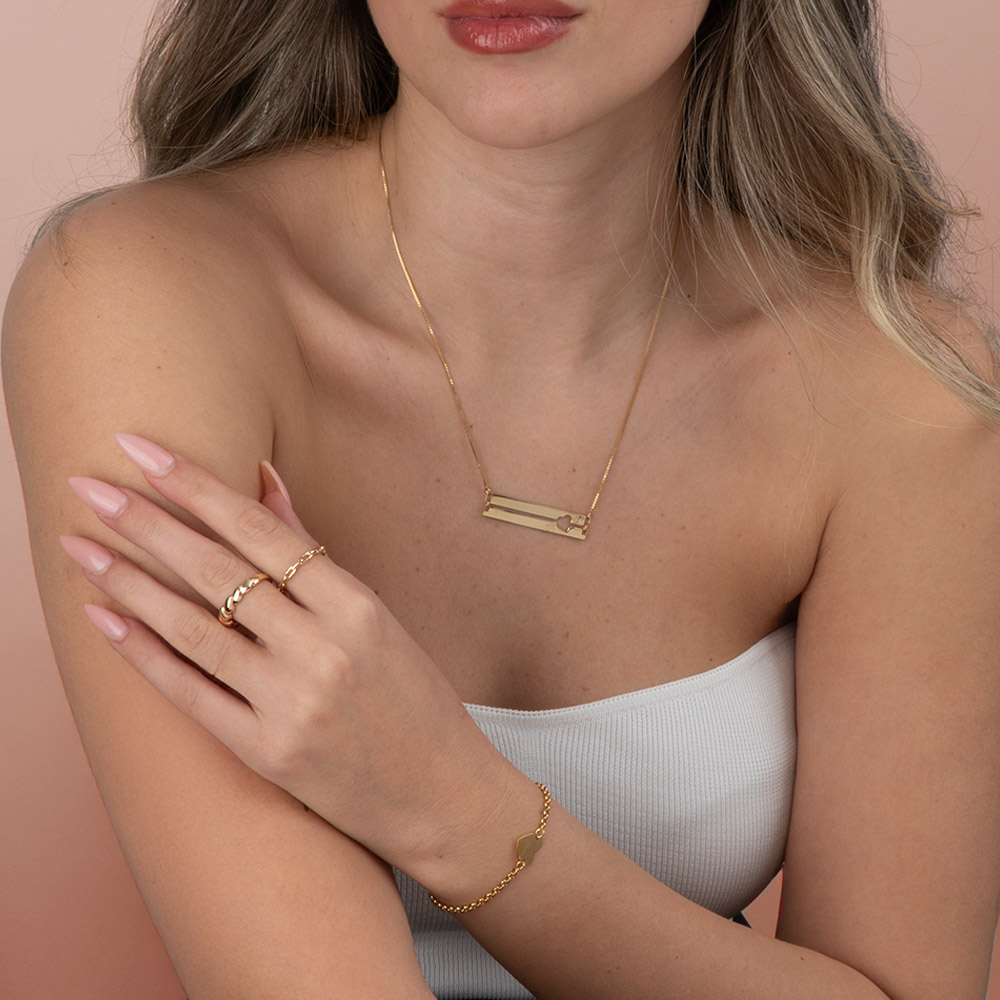 Engraved Bar Necklace with Two Initials on a model