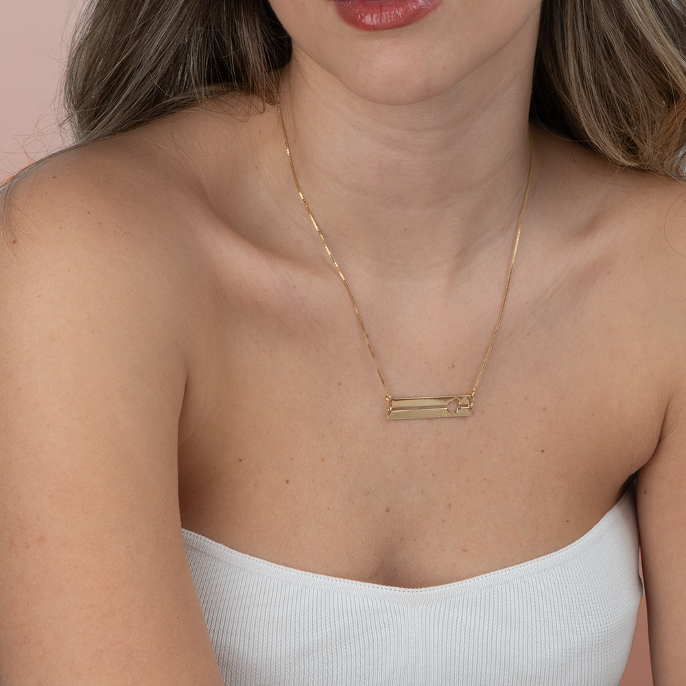 Engraved Bar Necklace with Two Initials on a model - 2