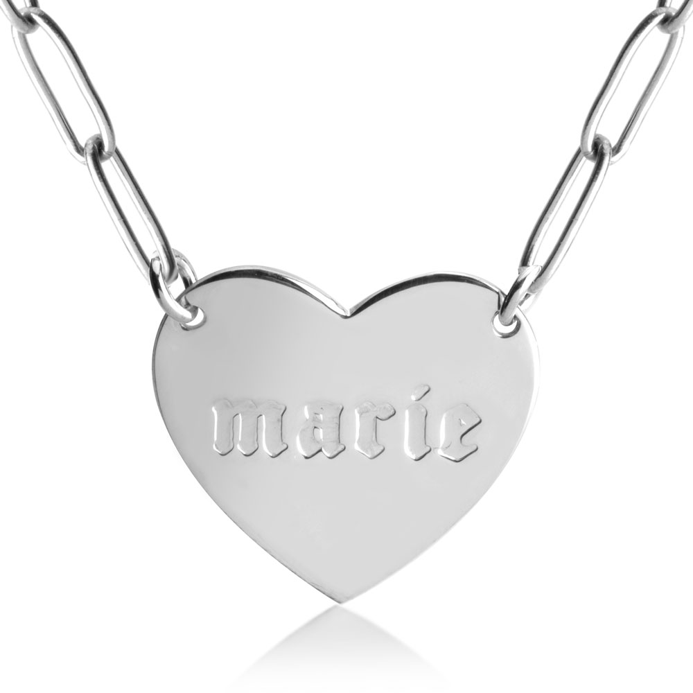 Paperclip Chain Necklace with Engraved Heart - Sterling Silver