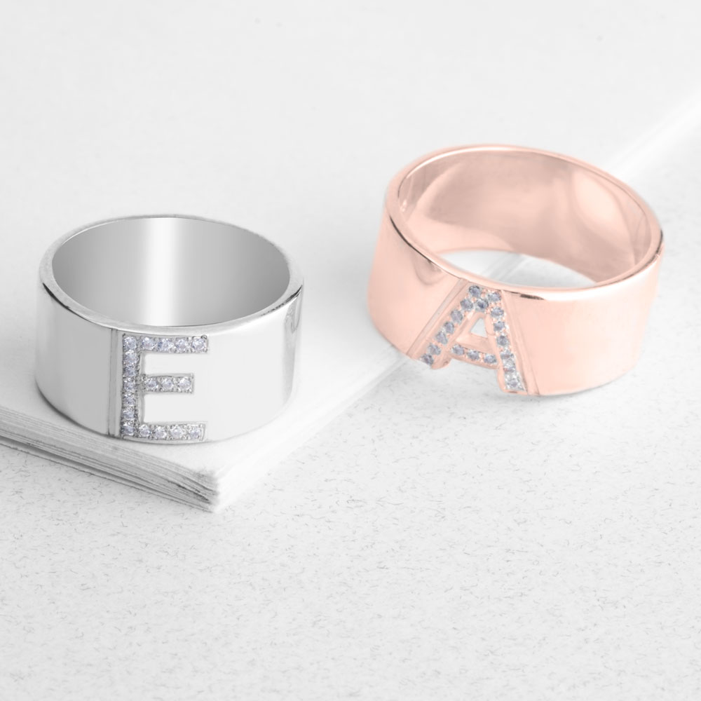Initial Ring with Cubic Zircon Letter on a model