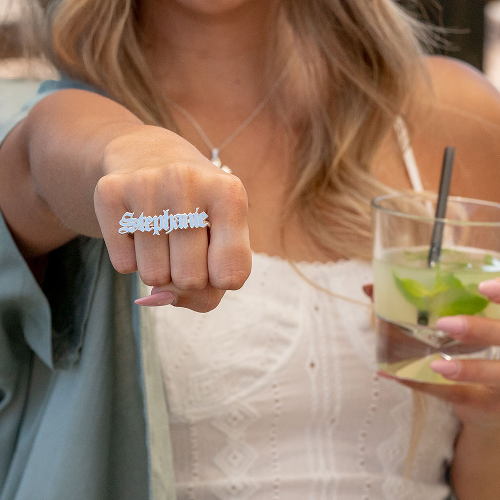 Old English Two Finger Name Ring on a model