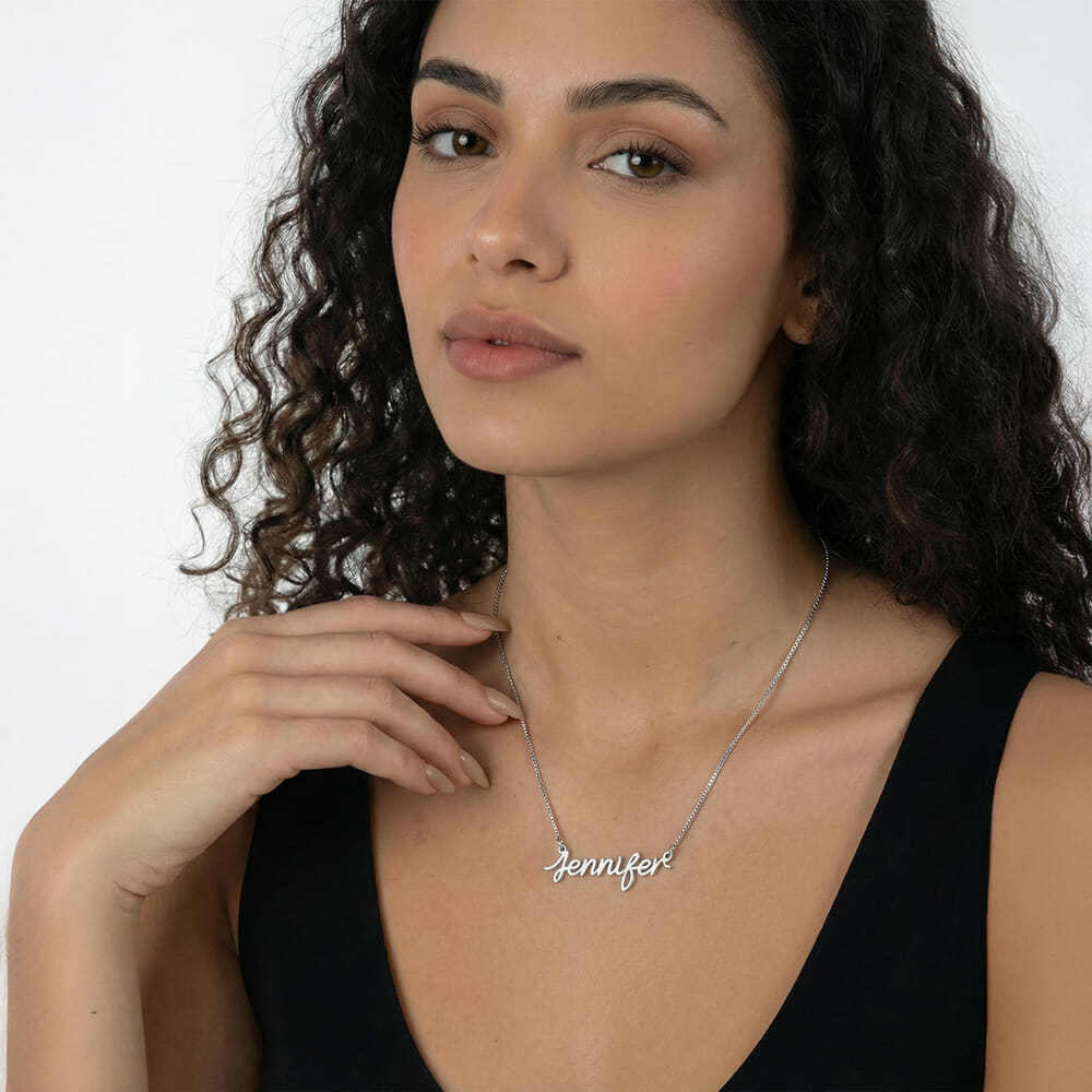 Light Cursive Name Necklace on a model