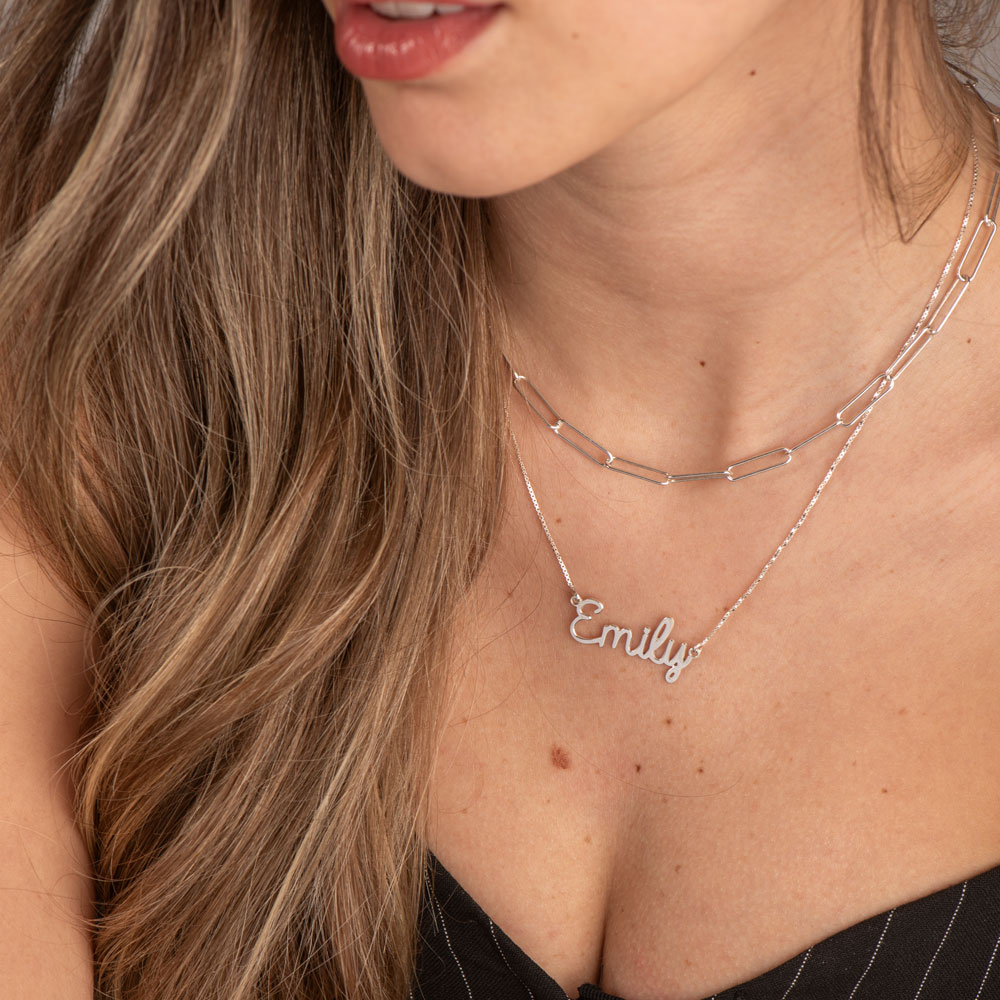 Bold Cursive Name Necklace on a model