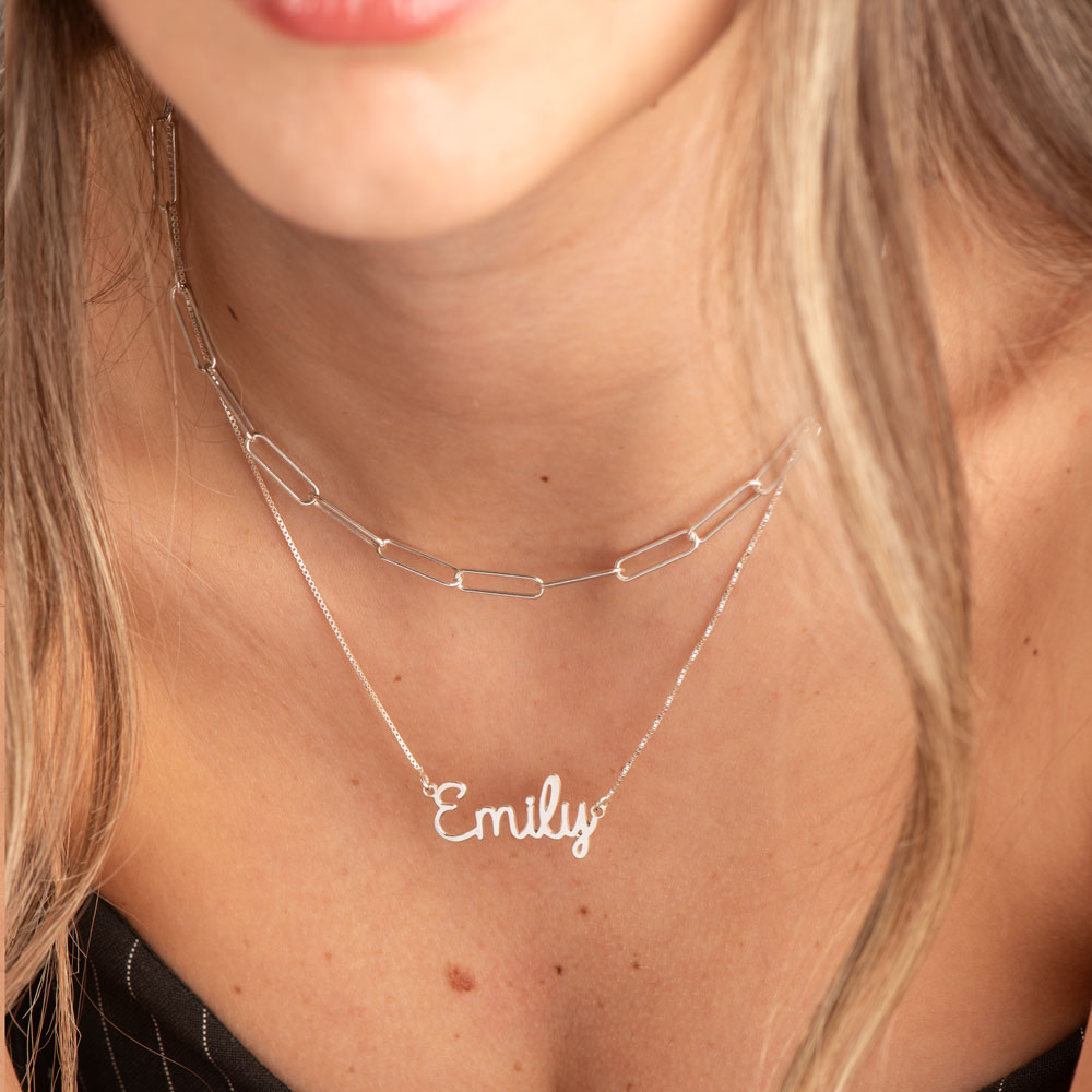 Bold Cursive Name Necklace on a model - 2