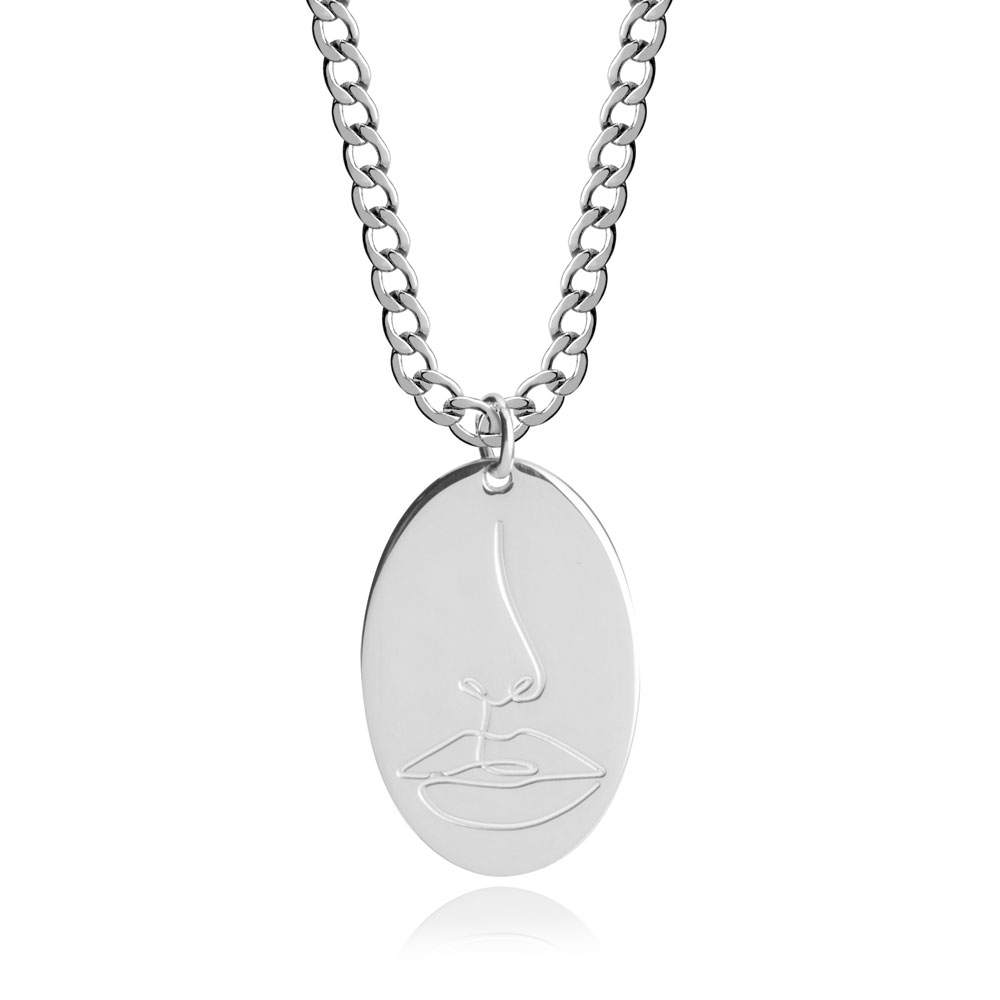 Face Line Art Necklace With Cuban Link Chain