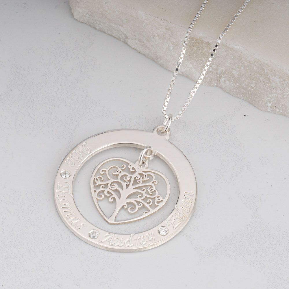 Engraved Tree of Life Necklace With Names and Diamonds on a model