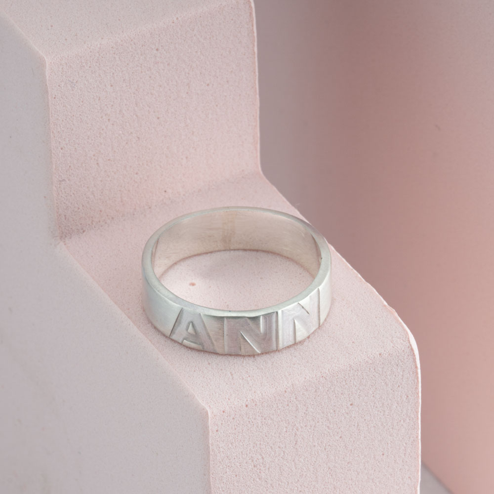 Block Letters Custom Name Ring on a model