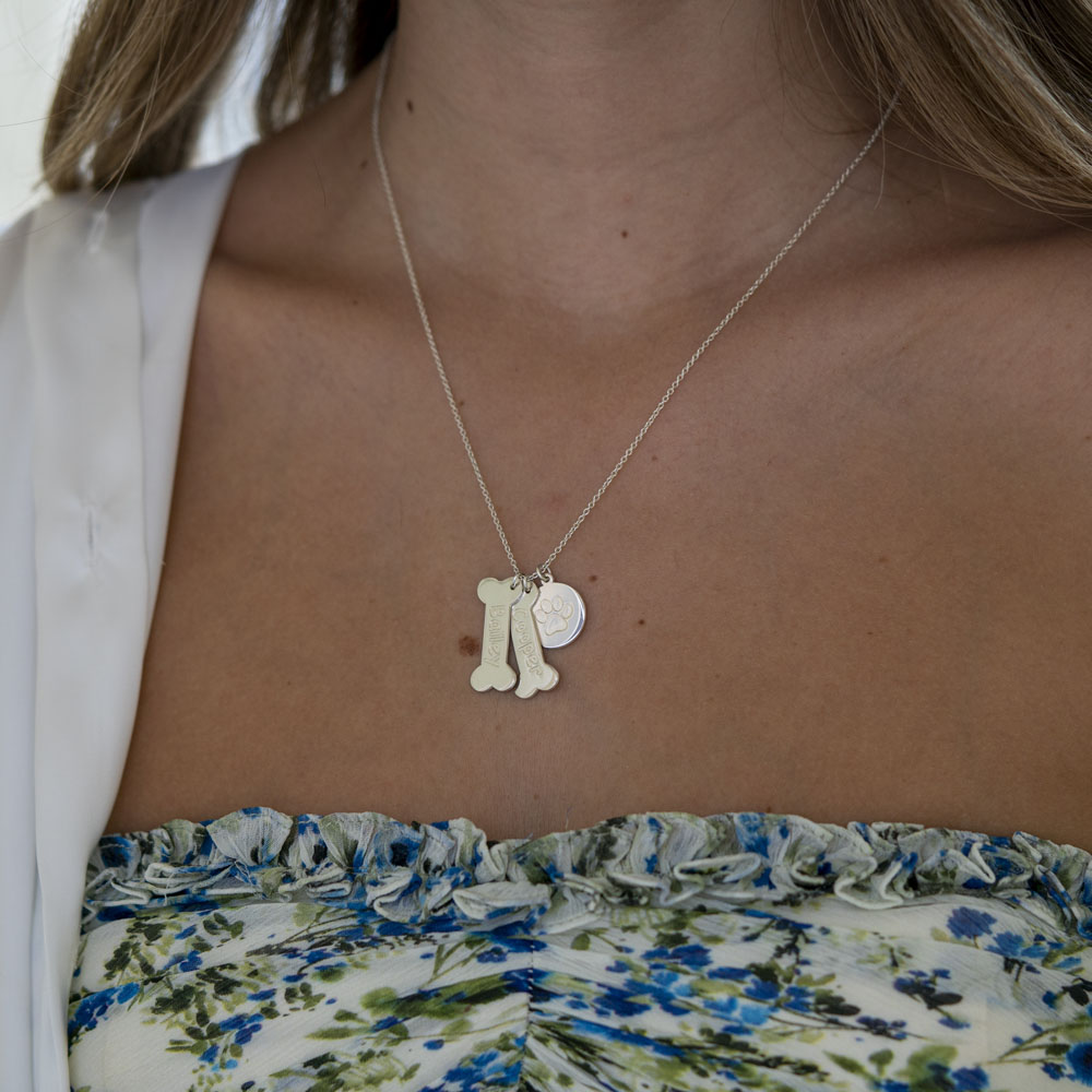 Bone Necklace with Dog's Name on a model