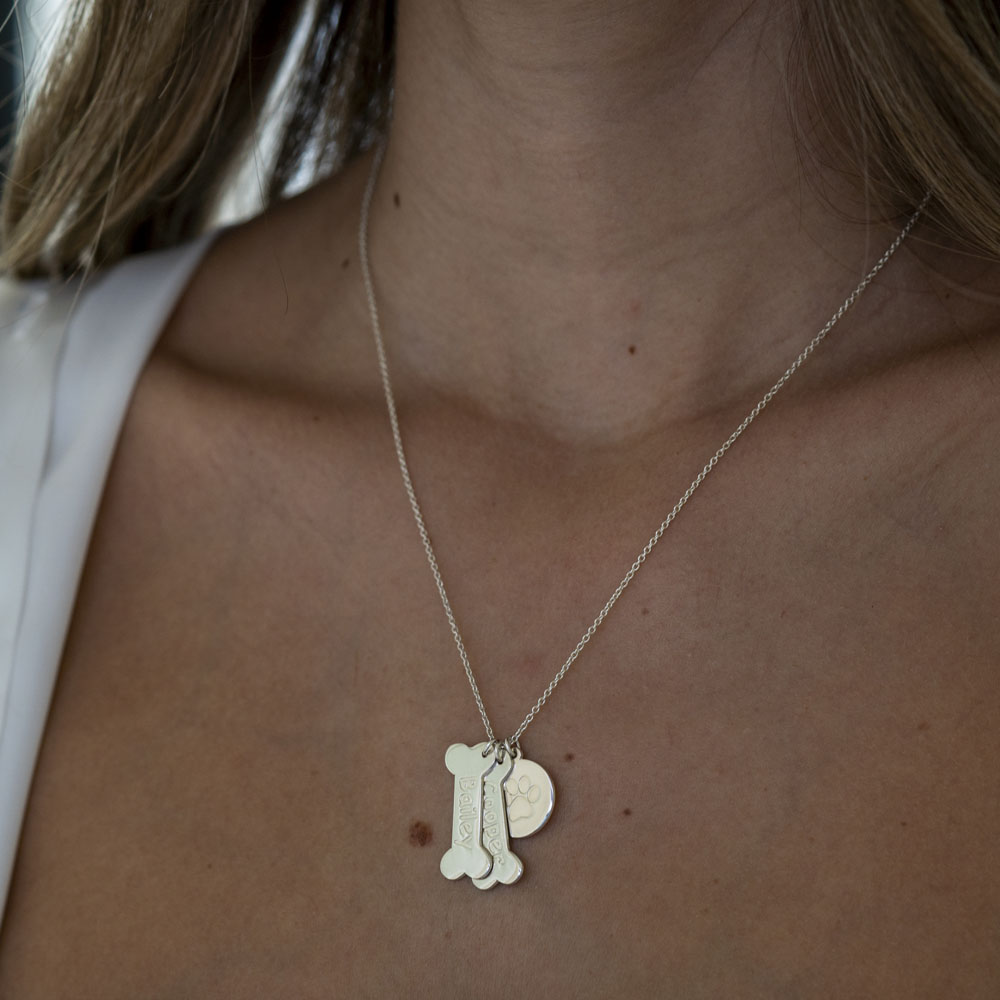 Bone Necklace with Dog's Name on a model - 2