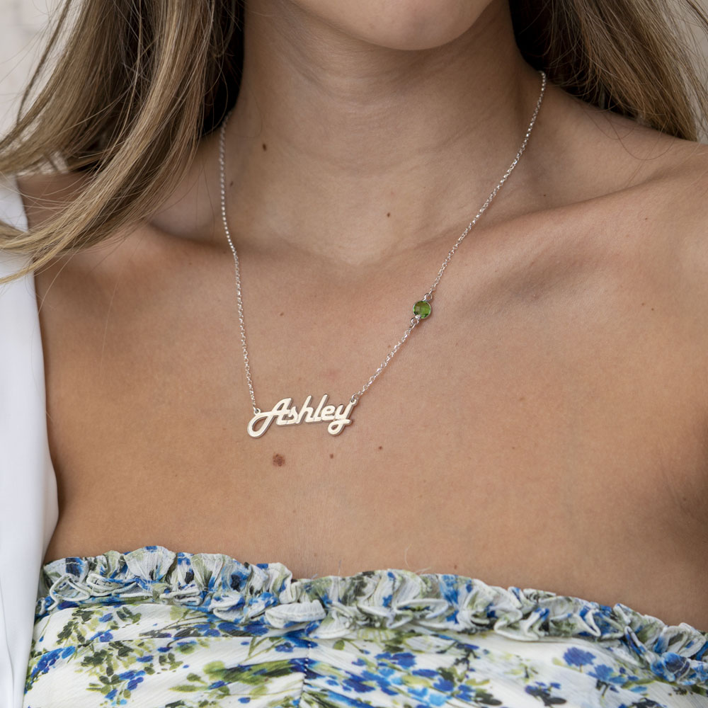 Retro Name Necklace with Birthstone on a model - 2