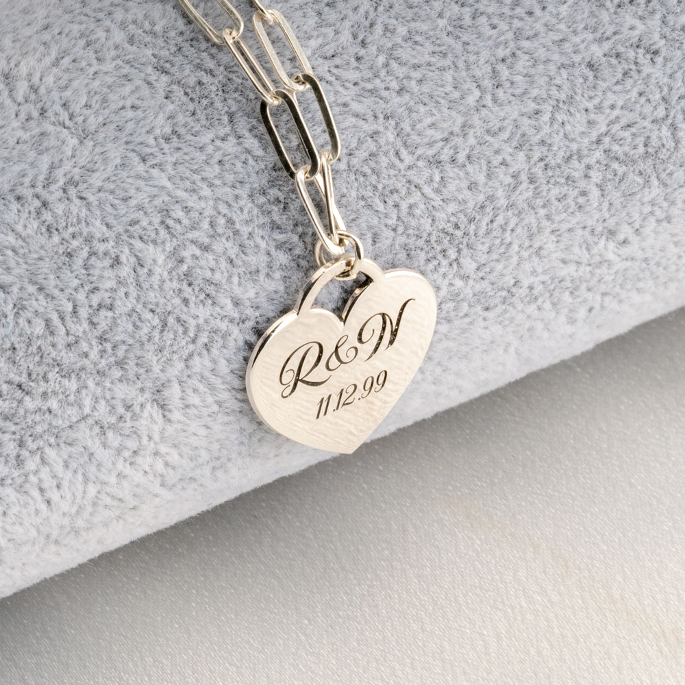 Engraved Heart Necklace with Paperclip Chain