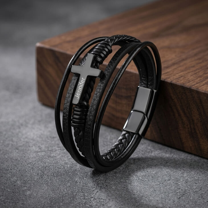 Leather Cross Bracelet for Men showcasing a stylish silver cross on deep black leather