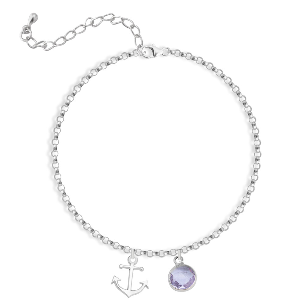 Sterling Silver Anchor Anklet With Birthstone