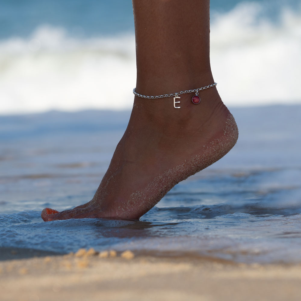 Custom Initial and Birthstone Anklet on a model - 2